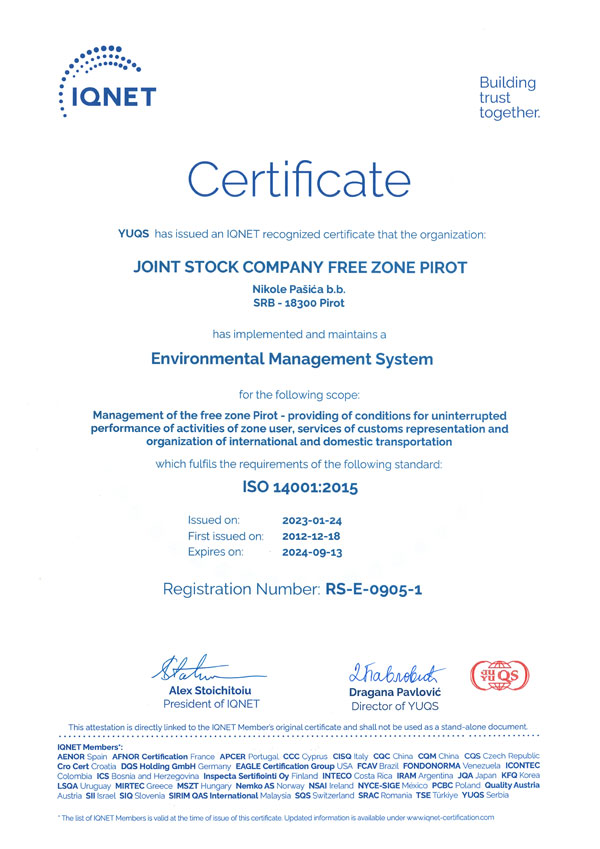 Sertifikat IQNet ISO 14001:2015