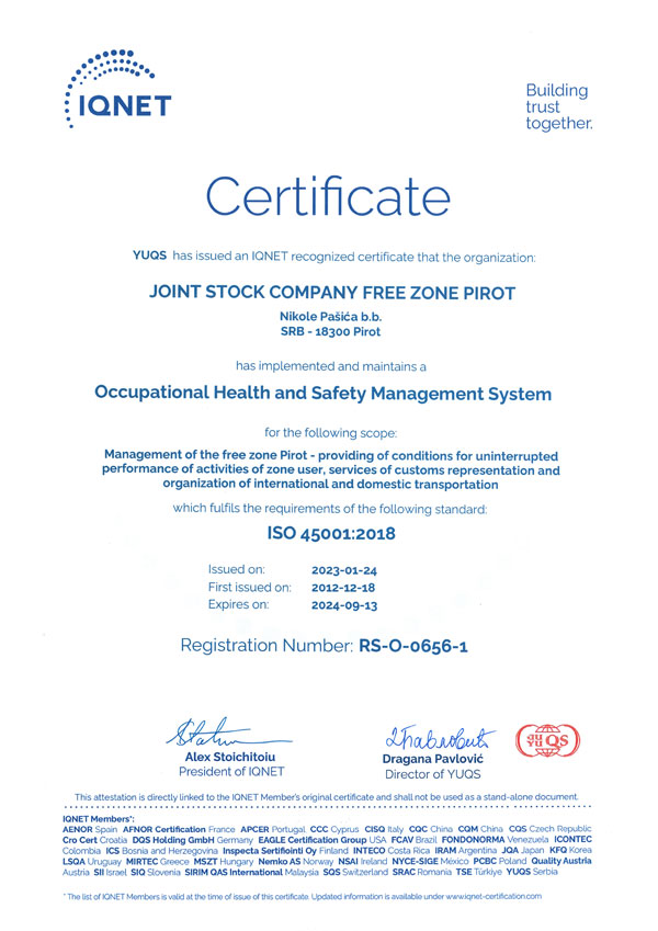 Sertifikat IQNet ISO 45001:2018