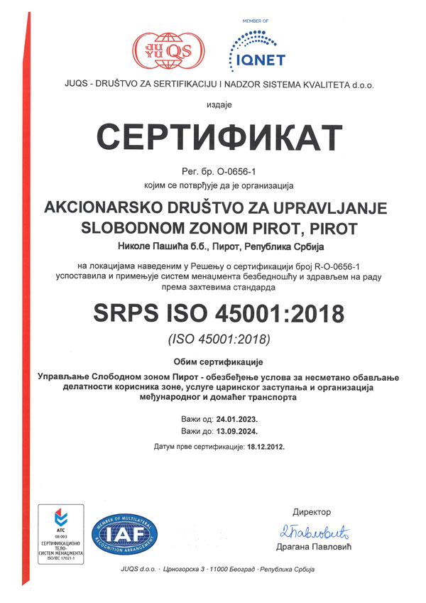 Sertifikat JUQS SRPS ISO 45001:2018