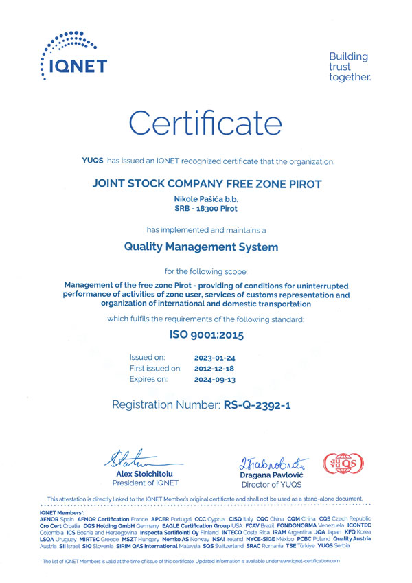 Sertifikat IQNet ISO 9001:2015