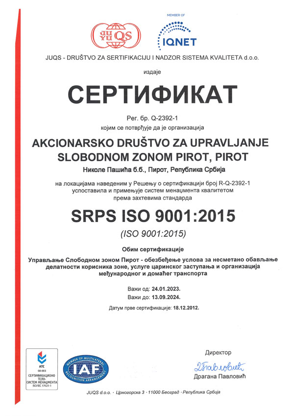 Sertifikat JUQS SRPS ISO 9001:2015